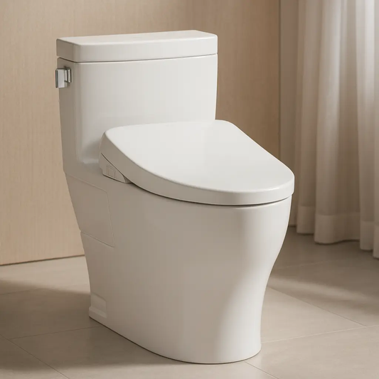 White toilet against a beige wall.