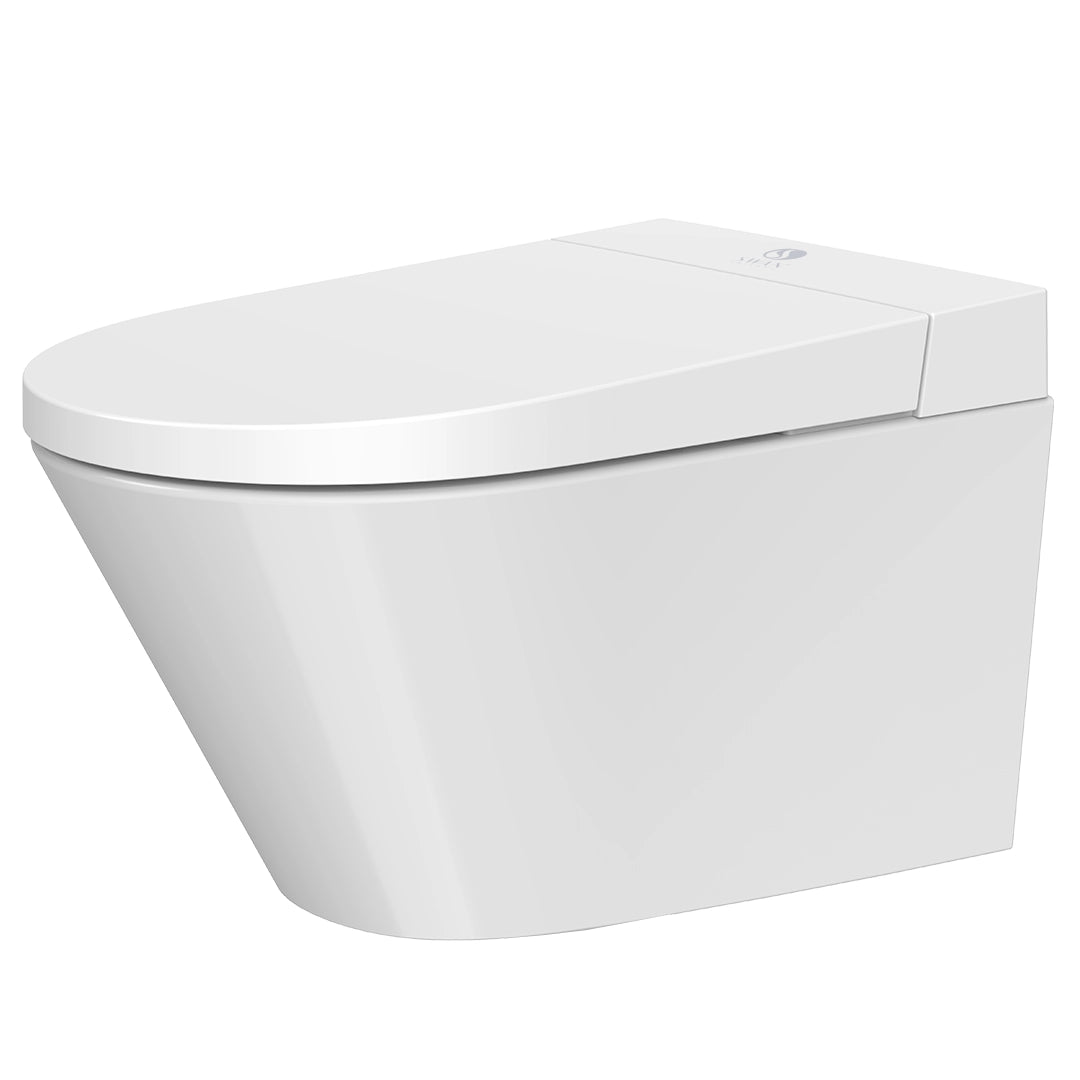 White toilet bowl with seat on a white background