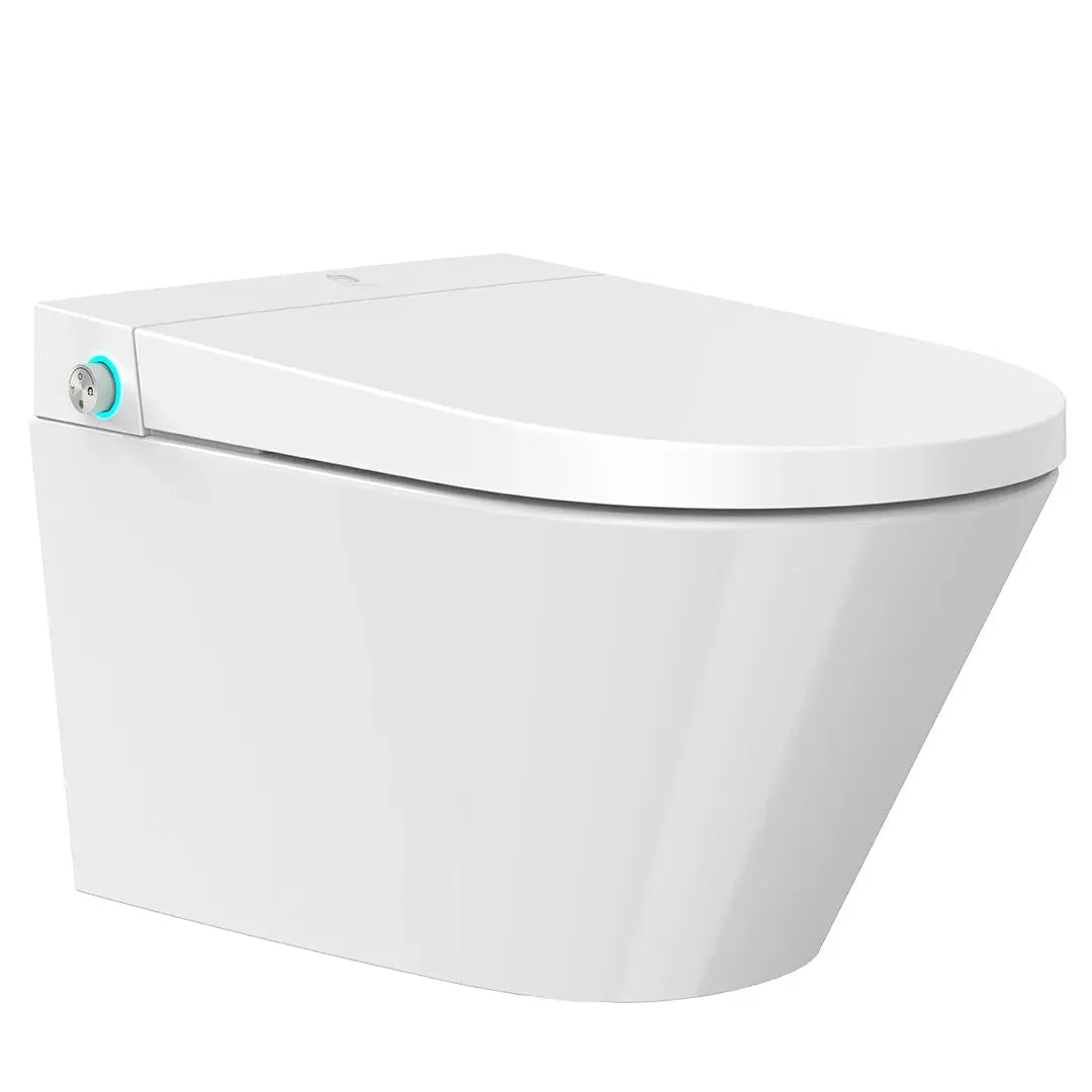 White toilet bowl with a closed seat on a white background