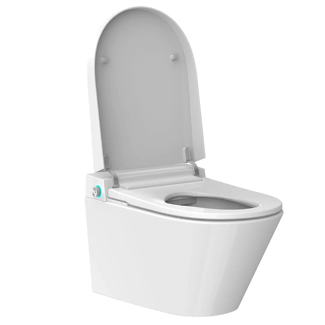 White toilet with open lid on a white background