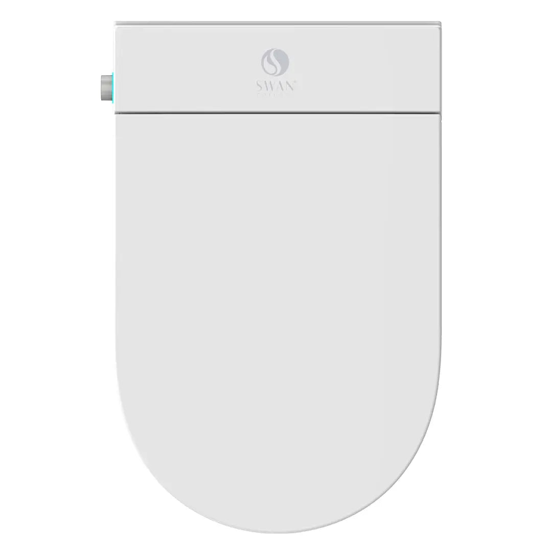 White toilet seat with a brand logo on a white background