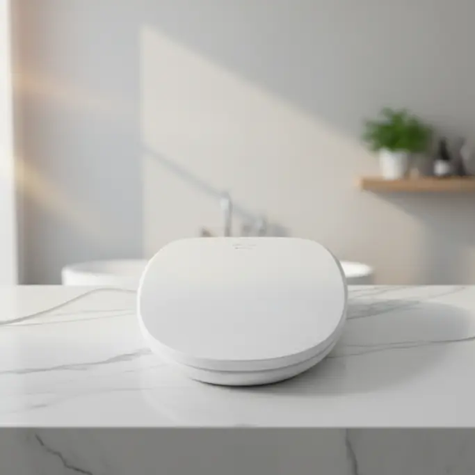 White electronic device on a marble surface with a blurred bathroom background