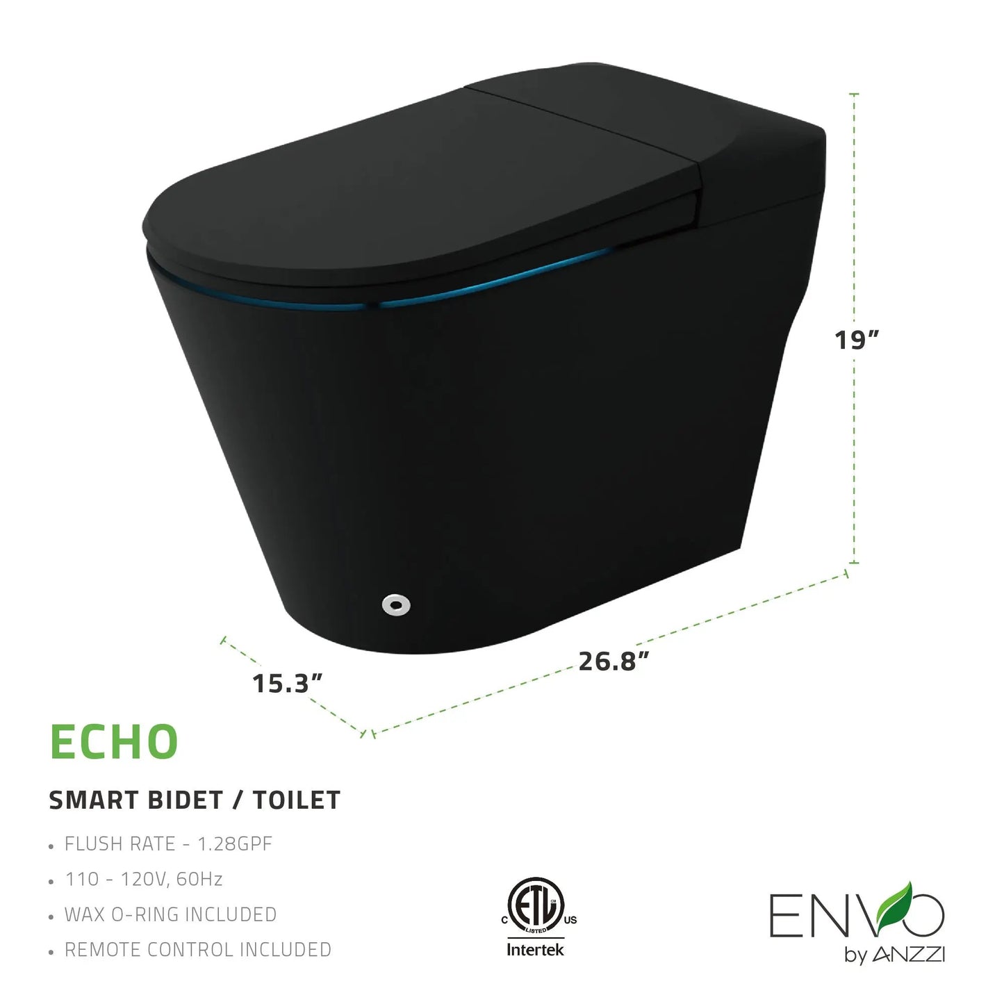 ANZZI ENVO Echo Elongated 1.28 GPF Smart Bidet Toilet in Matte Black - Premium Bidet : Smart Toilets & Bathroom Amenities