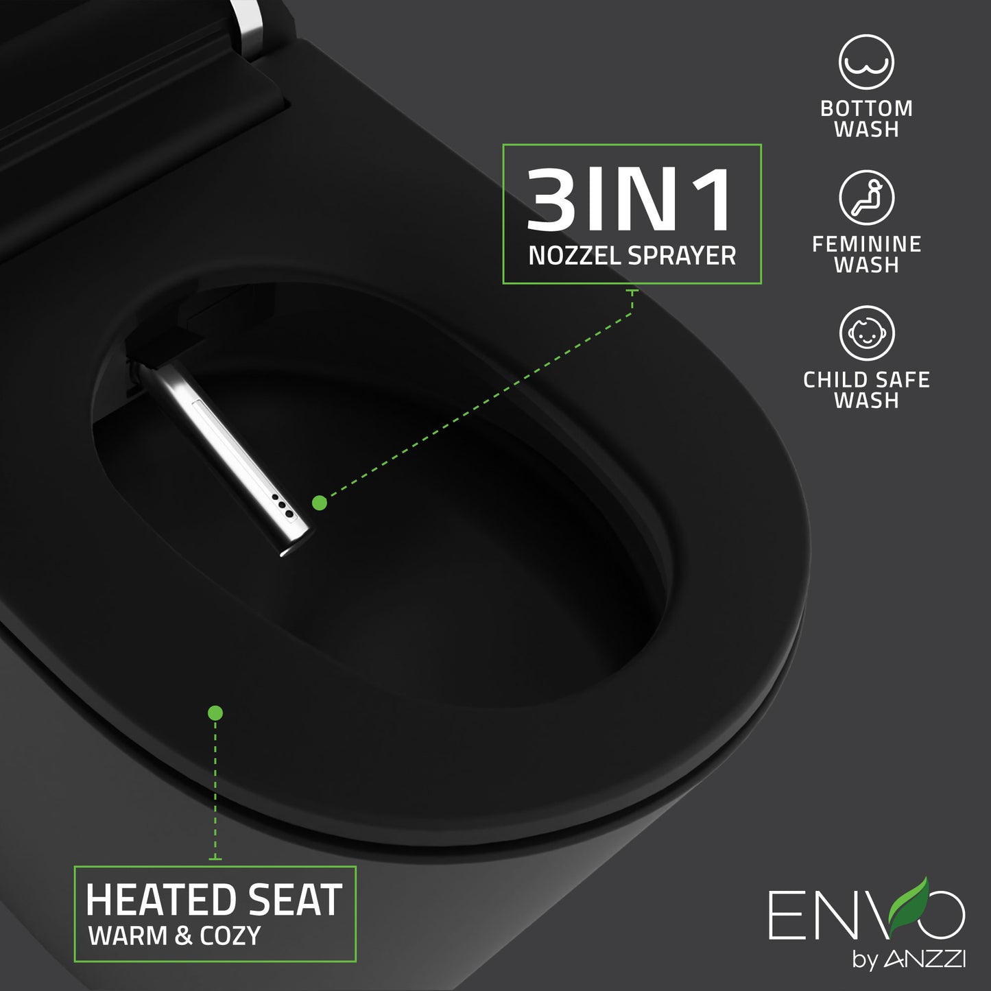 ANZZI ENVO Echo Elongated 1.28 GPF Smart Bidet Toilet in Matte Black