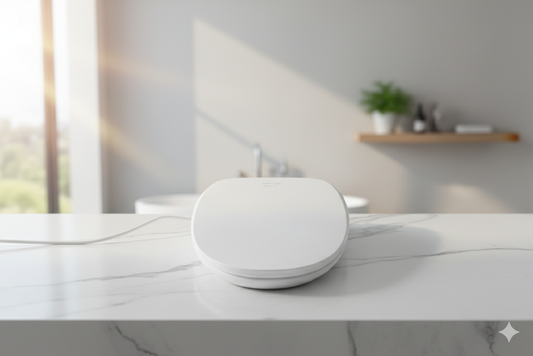 White electronic device on a marble surface with a blurred bathroom background