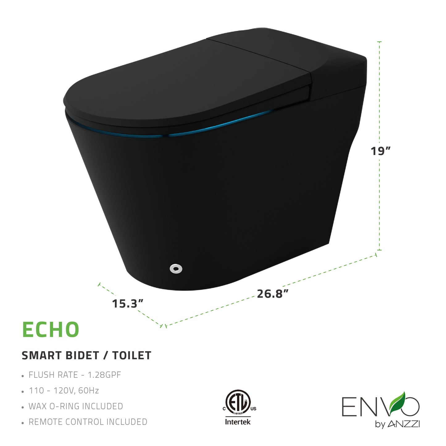 ANZZI ENVO Echo Elongated 1.28 GPF Smart Bidet Toilet in Matte Black